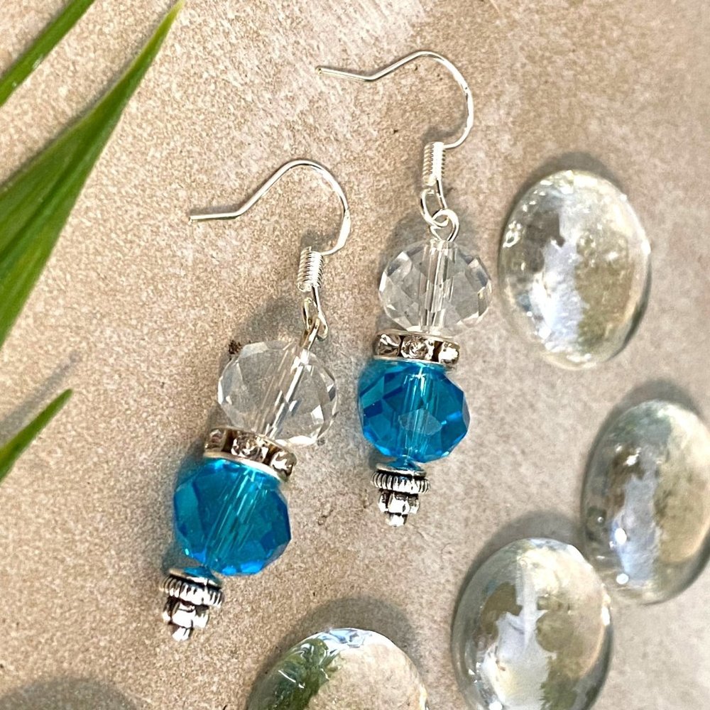 3/$25 Silver Earrings - Sparkling Deep Aqua Blue, Rhinestone Faceted Glass